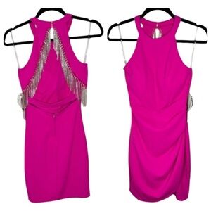 Emerald Sundae Sleeveless HighNeck Rhinestone Fringe Back Dress Neon Pink XS NWT